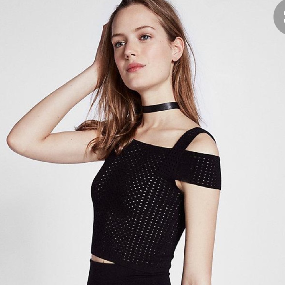 Express Eyelet Mixes Mesh Cold Shoulder Crop Top
